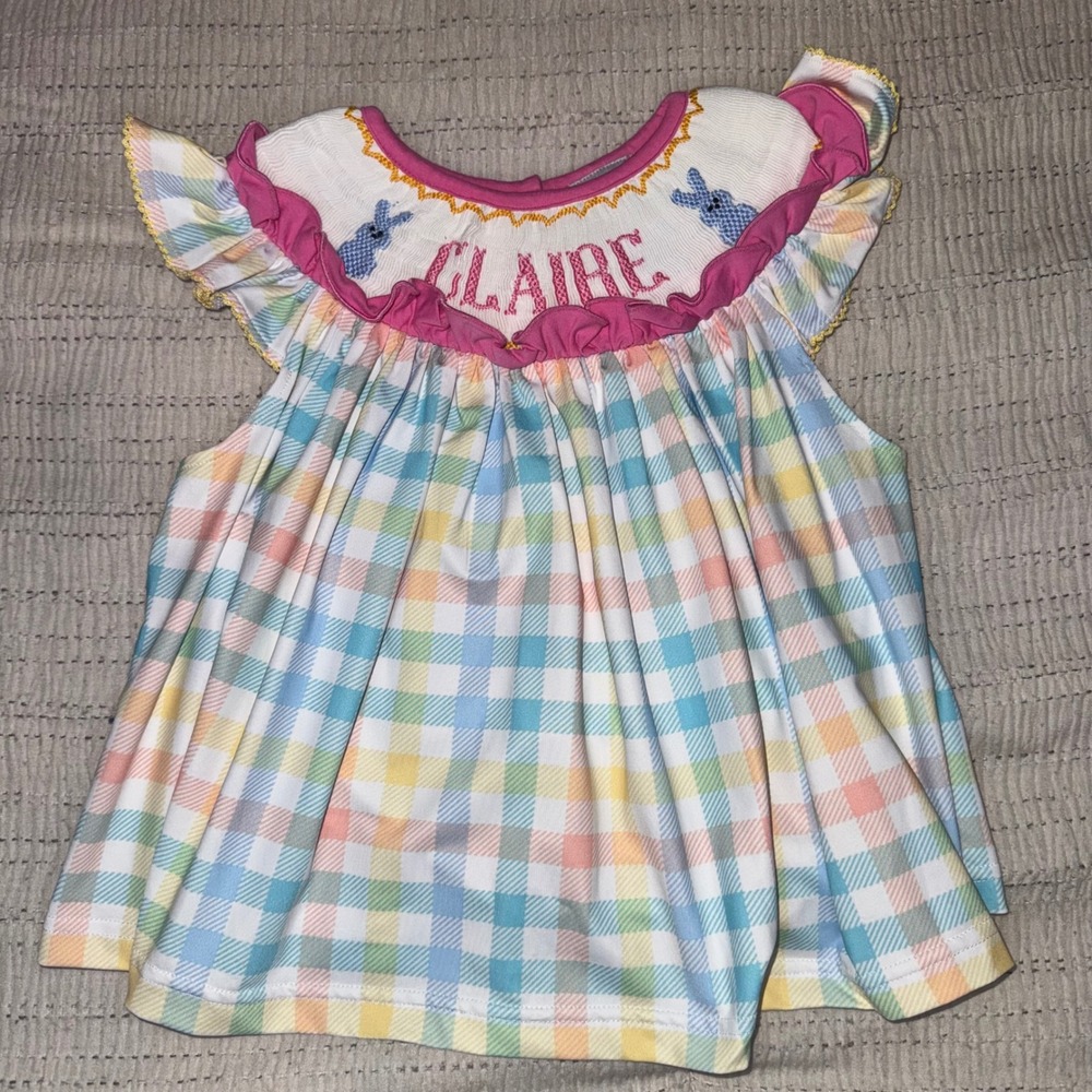 Lily & Roux Smocks Girl 3T Rainbow Gingham Bunny Smocked Top Claire Monogram